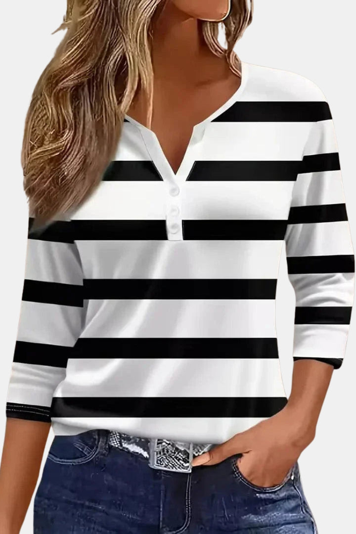 Vailyn | Striped V Neck Top with Three Quarter Sleeves