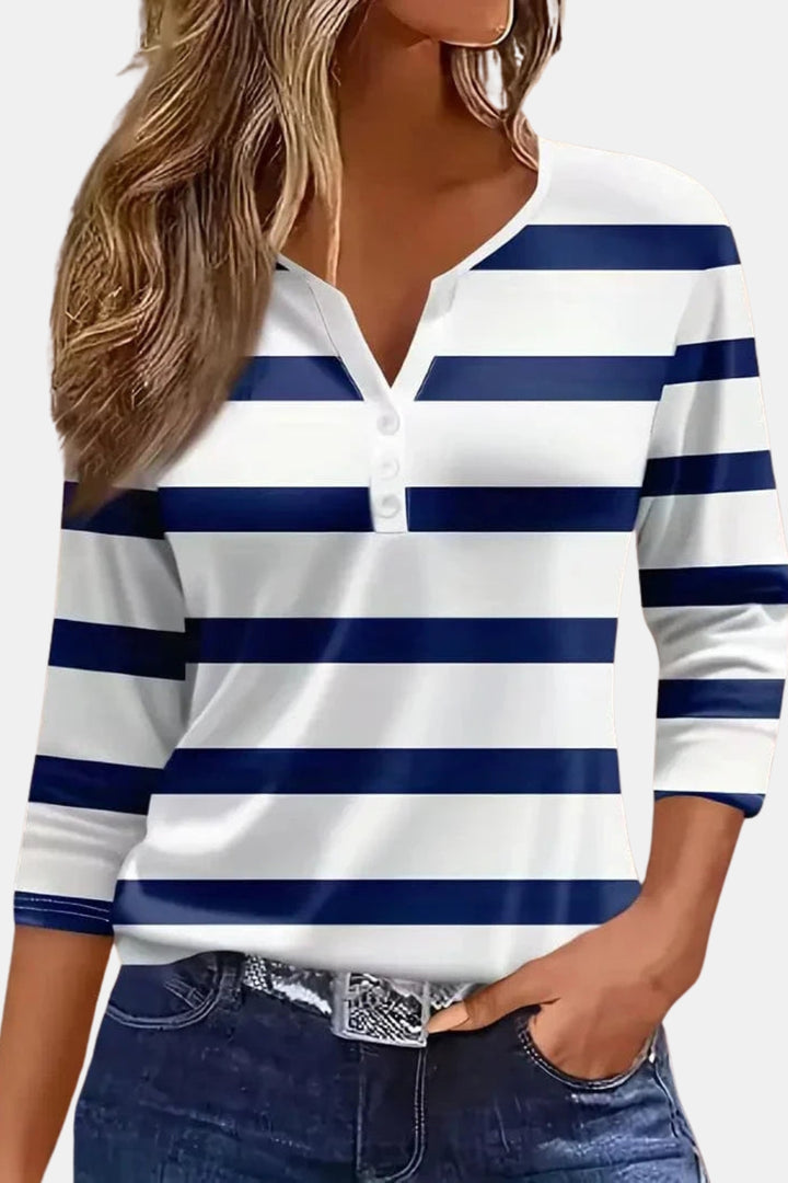 Vailyn | Striped V Neck Top with Three Quarter Sleeves