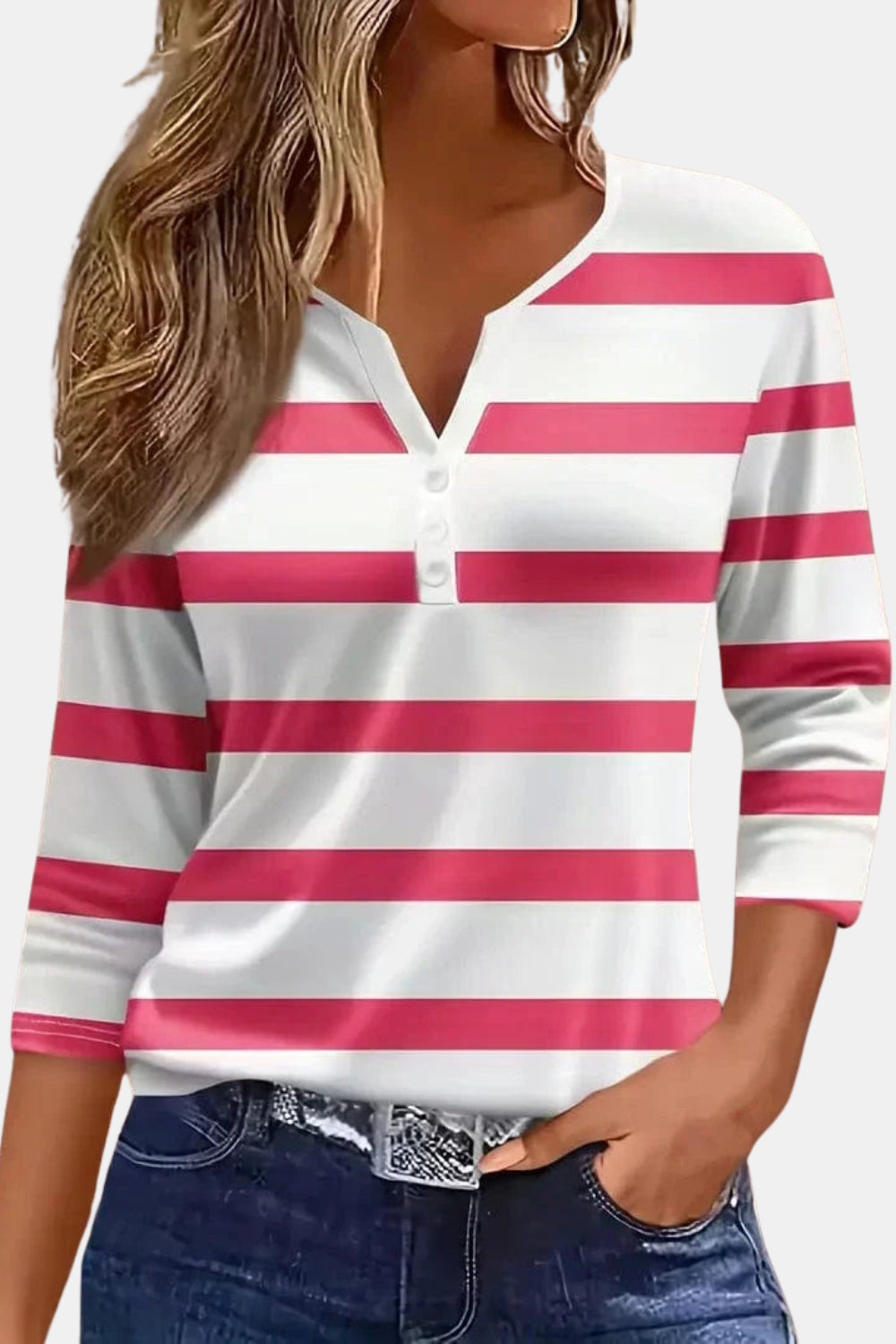 Vailyn | Striped V Neck Top with Three Quarter Sleeves