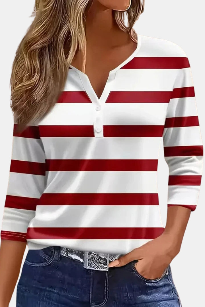 Vailyn | Striped V Neck Top with Three Quarter Sleeves