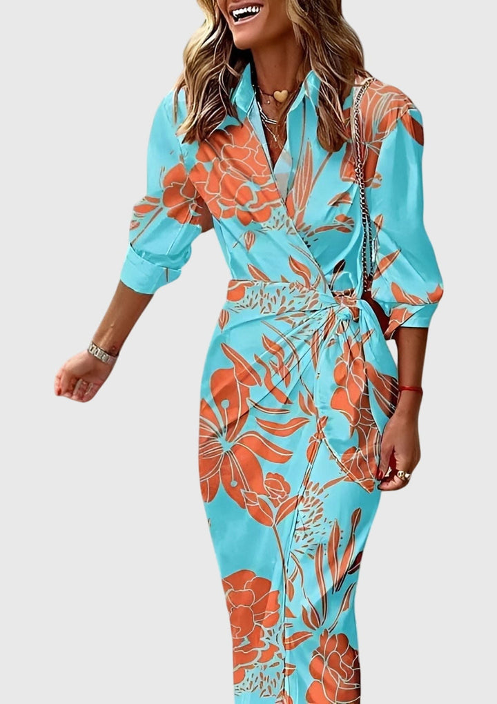Valerie | Chic Printed Wrap Midi Dress with Collar