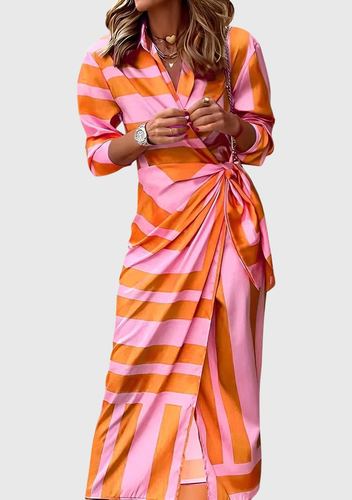 Valerie | Chic Printed Wrap Midi Dress with Collar