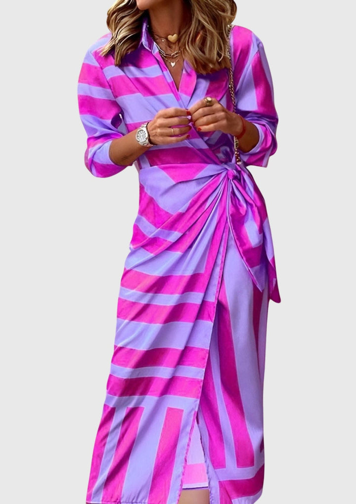 Valerie | Chic Printed Wrap Midi Dress with Collar
