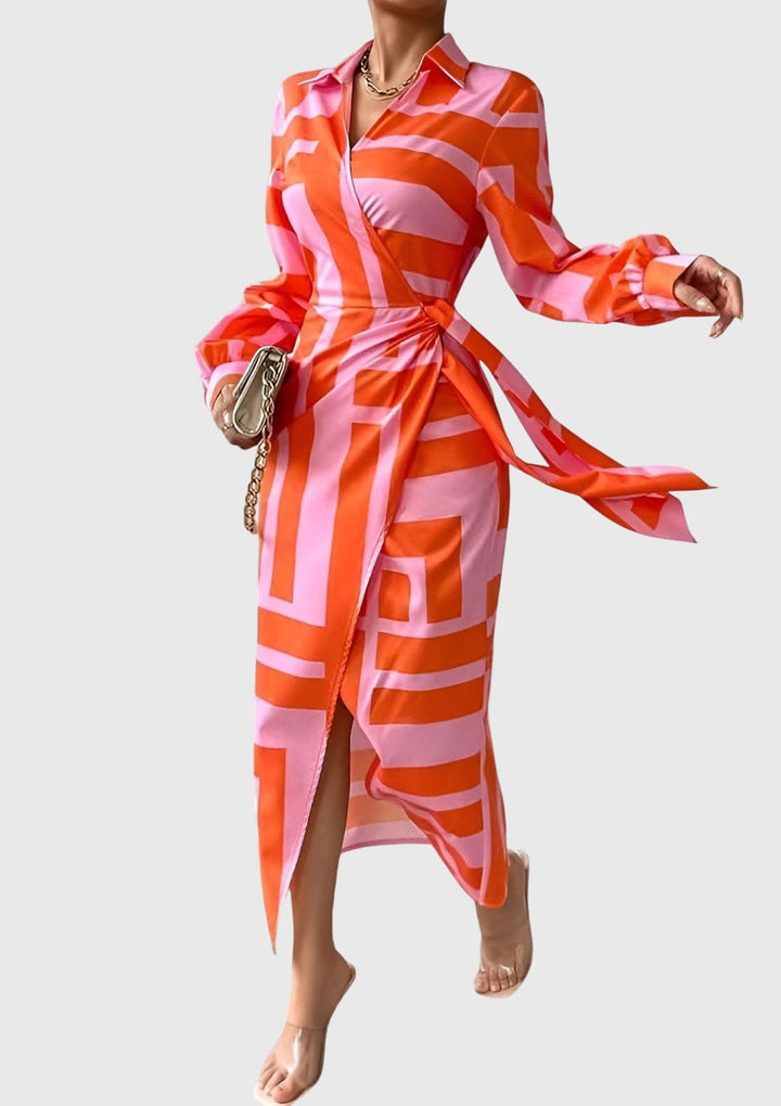 Valerie | Chic Printed Wrap Midi Dress with Collar