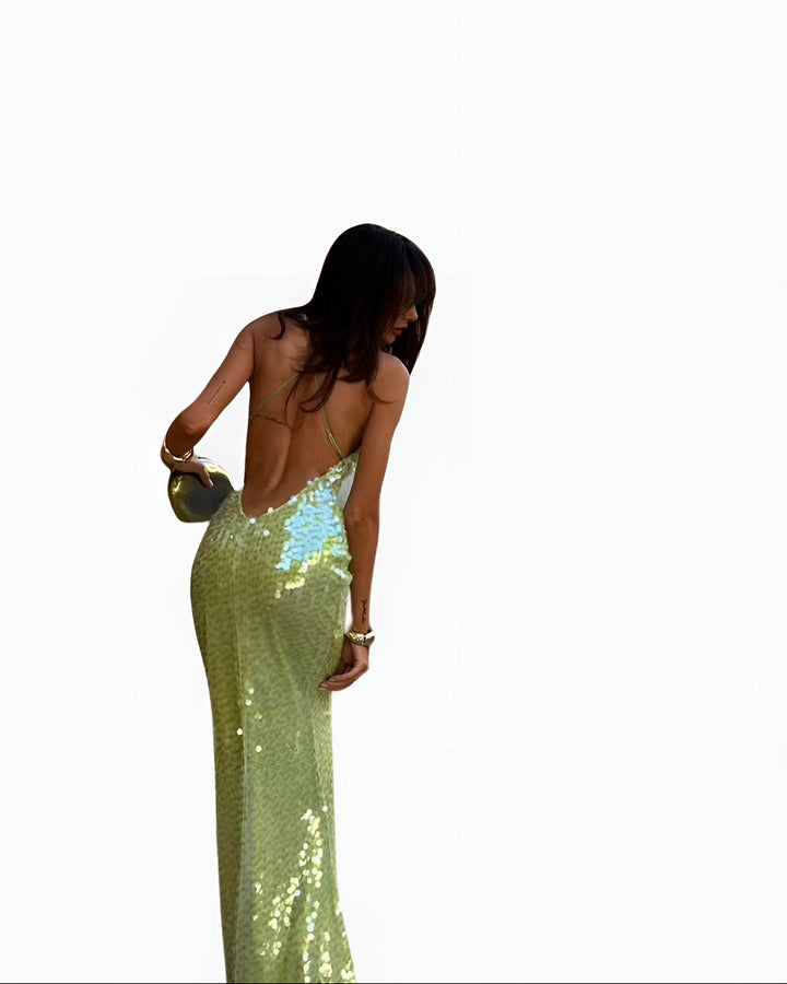 Varyndessa | Wedding Guest Sequin Maxi Dress with Plunge Neckline