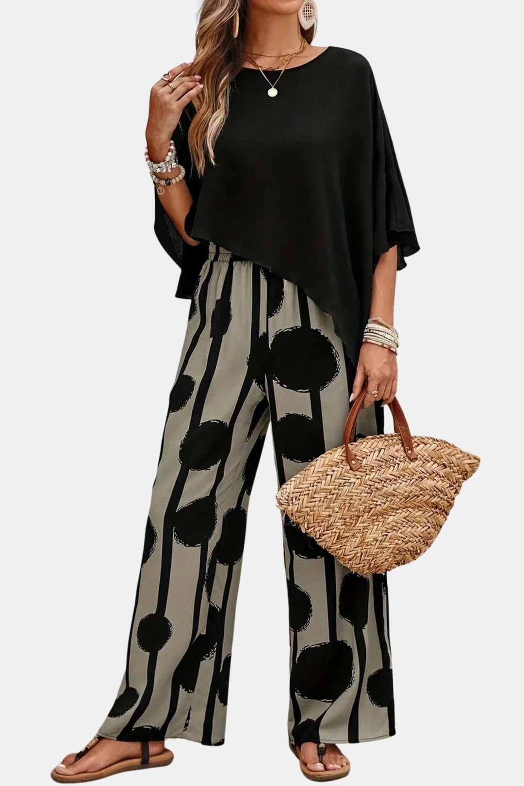 Veda | Chic Two Piece Set with Batwing Top and Wide Leg Pants