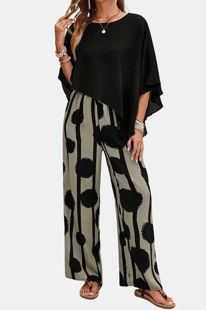 Veda | Chic Two Piece Set with Batwing Top and Wide Leg Pants
