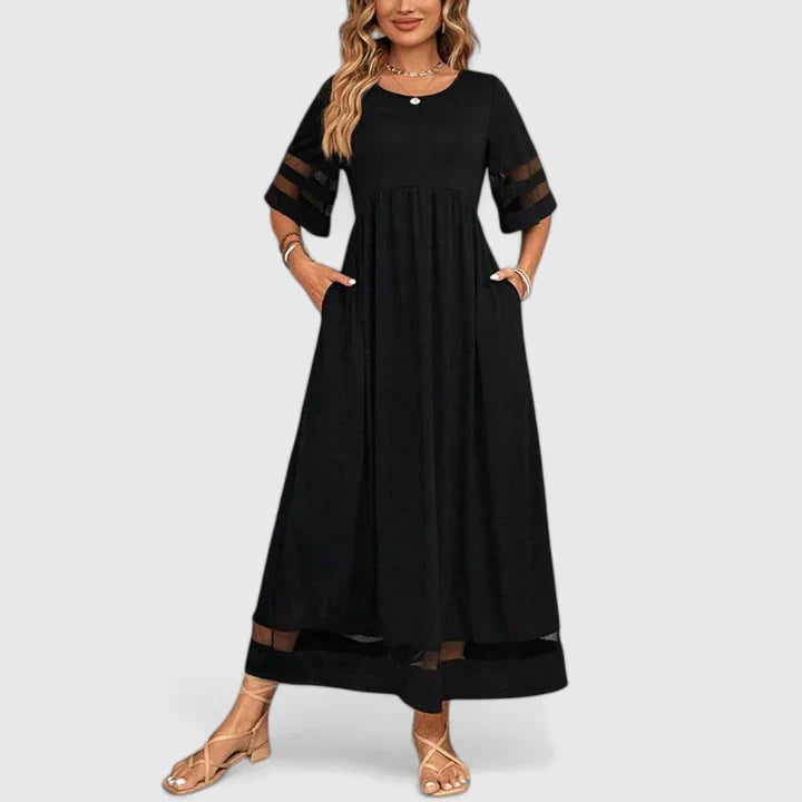 Velmira | Elegant Midi Dress with Sheer Sleeve Detail