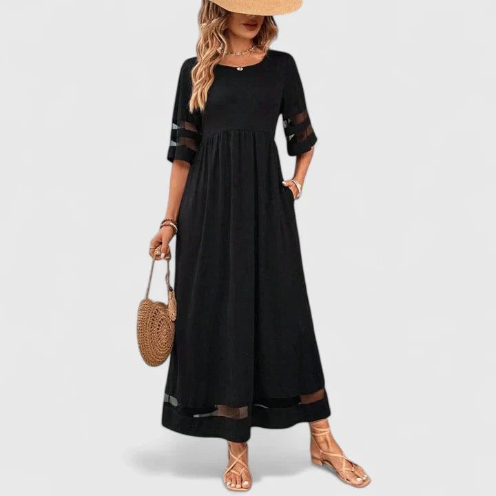 Velmira | Elegant Midi Dress with Sheer Sleeve Detail