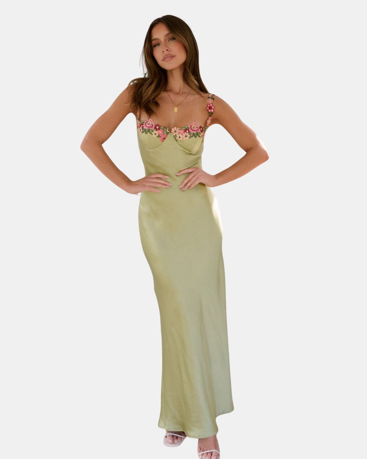 Velyzandra | Wedding Guest Floral Embroidered Slip Maxi Dress