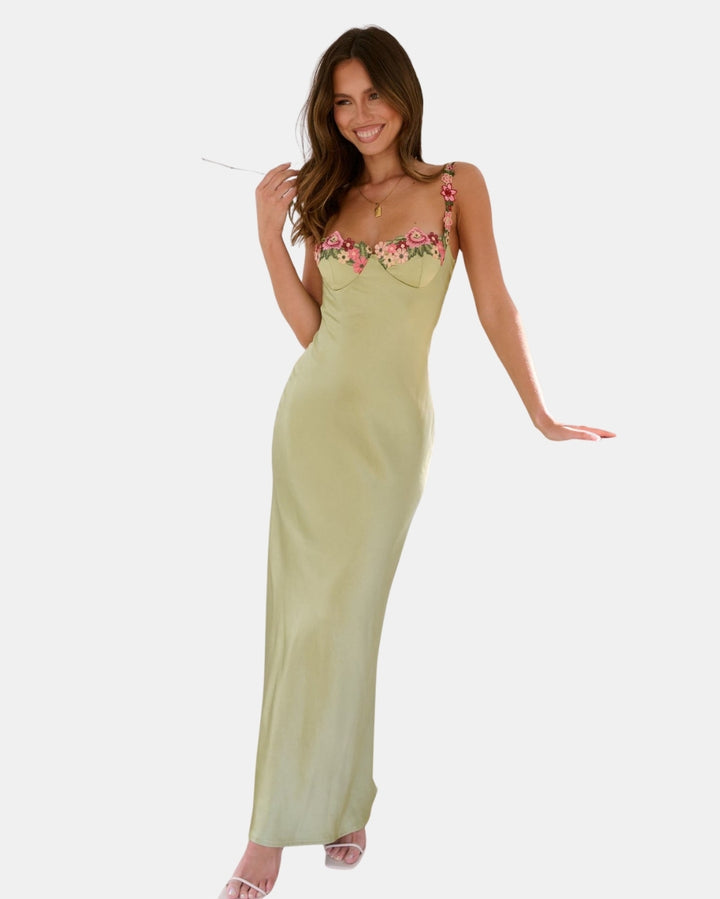 Velyzandra | Wedding Guest Floral Embroidered Slip Maxi Dress