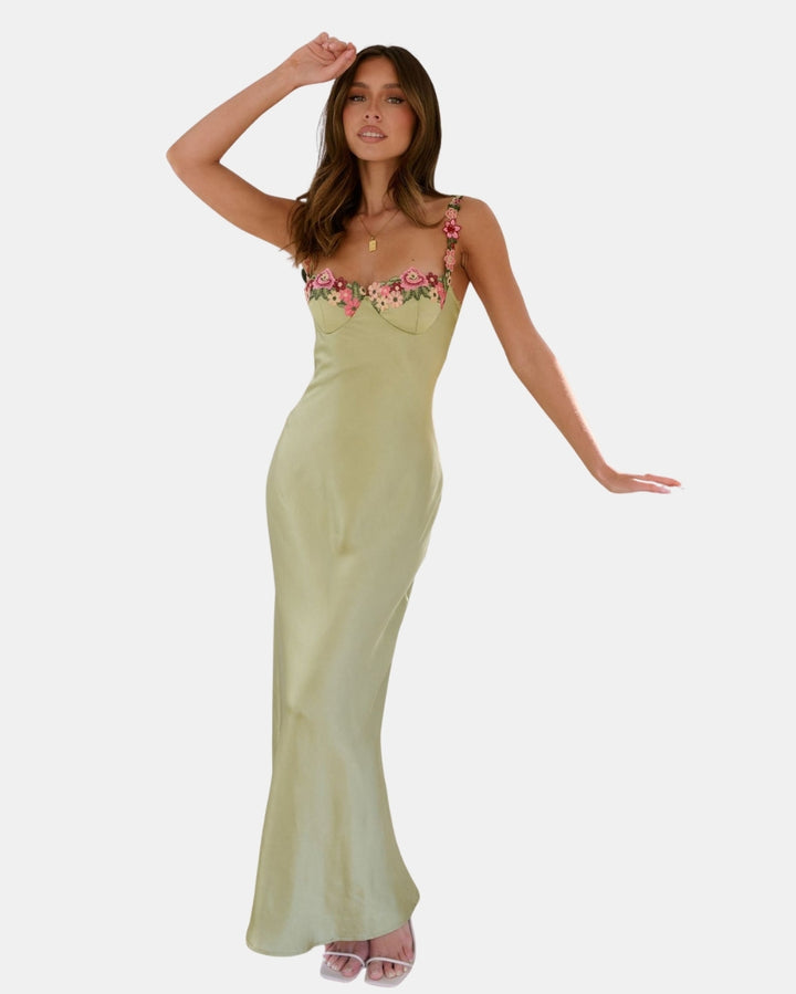 Velyzandra | Wedding Guest Floral Embroidered Slip Maxi Dress