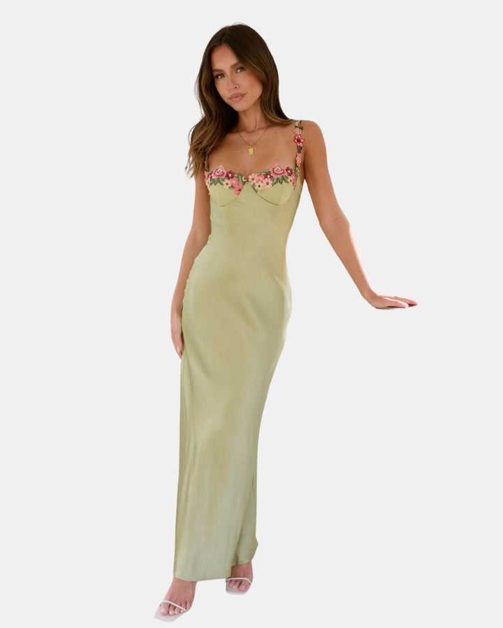Velyzandra | Wedding Guest Floral Embroidered Slip Maxi Dress