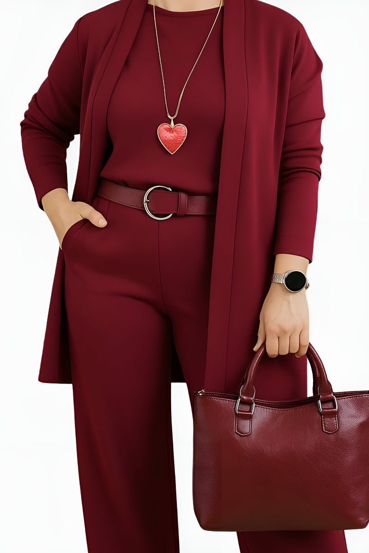 Verity | Elegant Three Piece Set with Cardigan and Straight Leg Pants
