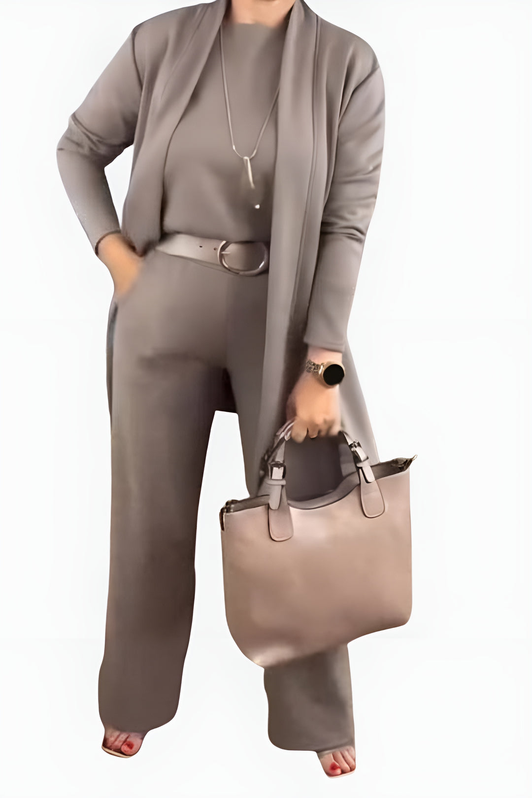 Verity | Elegant Three Piece Set with Cardigan and Straight Leg Pants