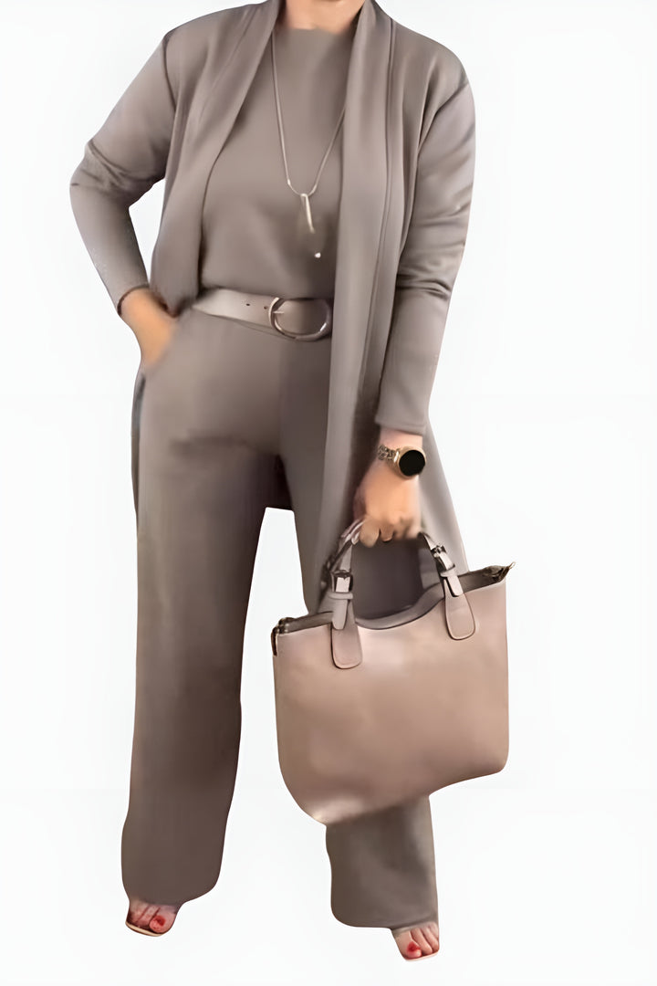 Verity | Elegant Three Piece Set with Cardigan and Straight Leg Pants