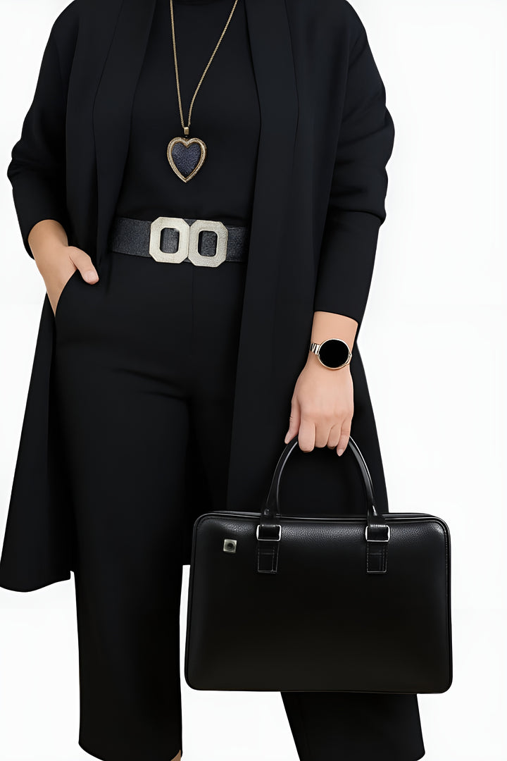 Verity | Elegant Three Piece Set with Cardigan and Straight Leg Pants