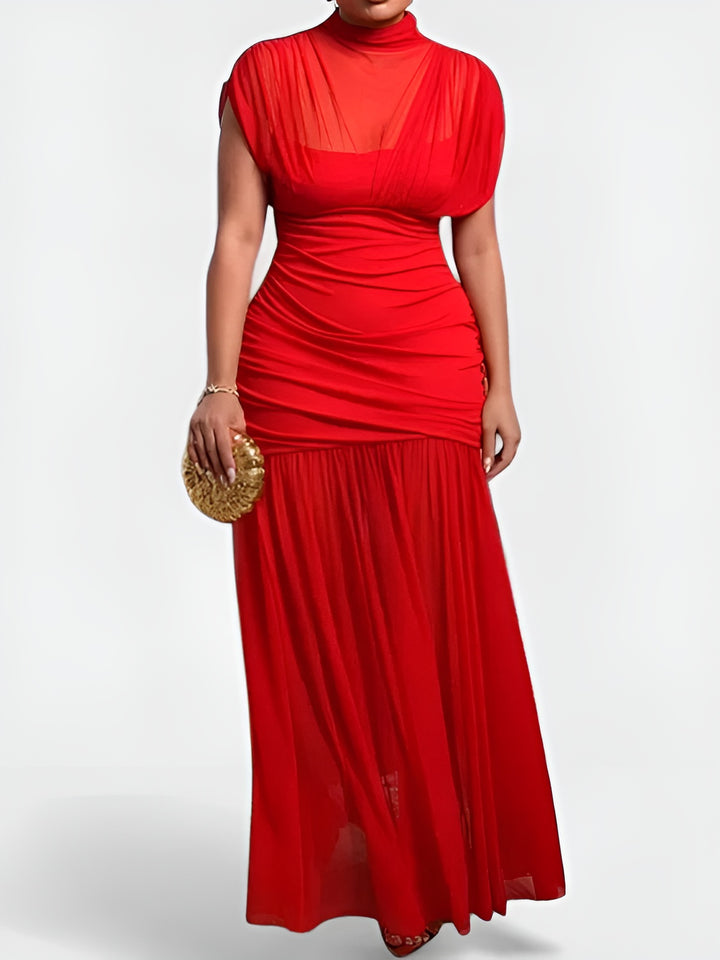 Vezoria | Elegant Ruched Maxi Dress with High Neck