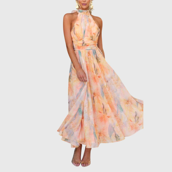 Virelina | Elegant Halter Neck Maxi Dress with Pleated Bodice