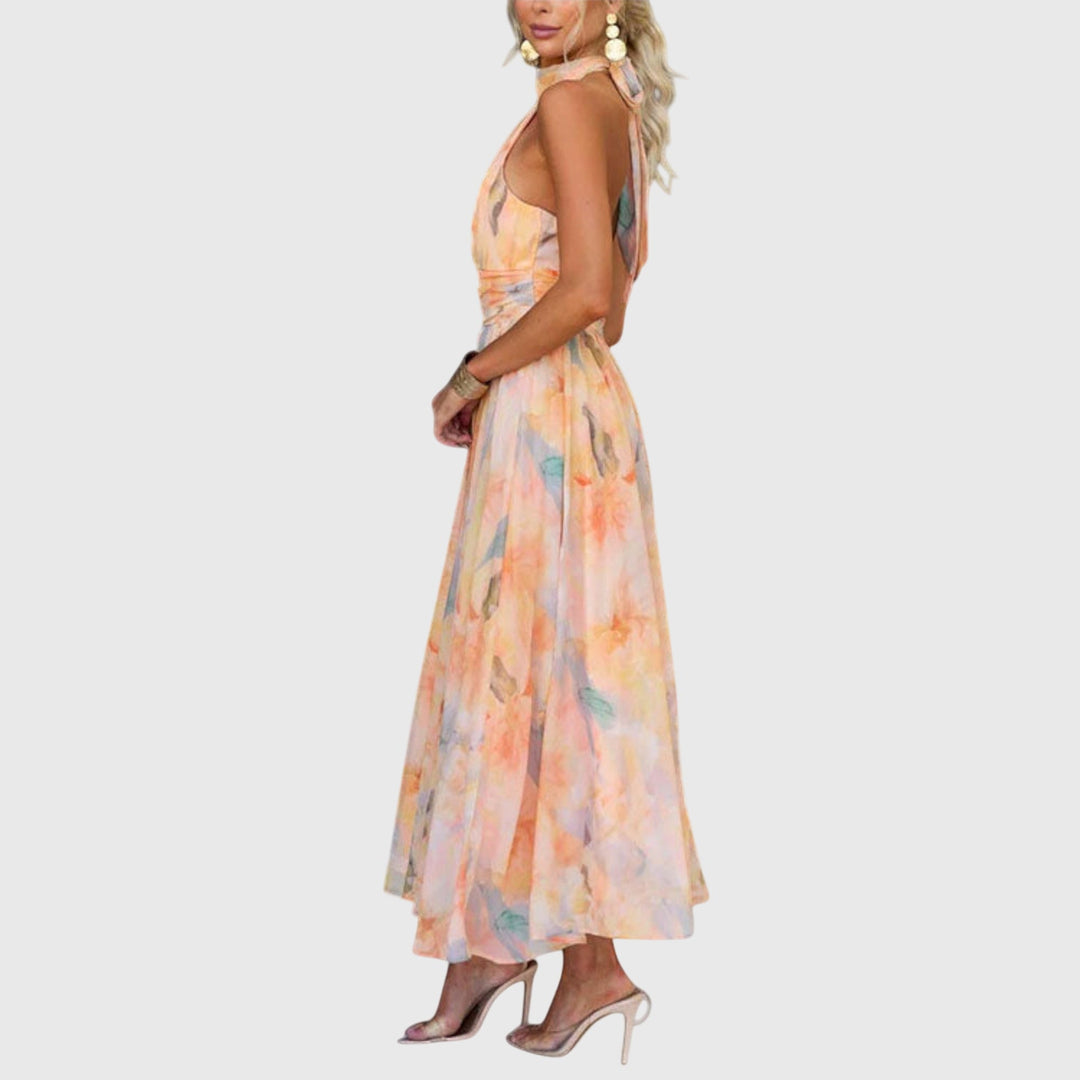 Virelina | Elegant Halter Neck Maxi Dress with Pleated Bodice