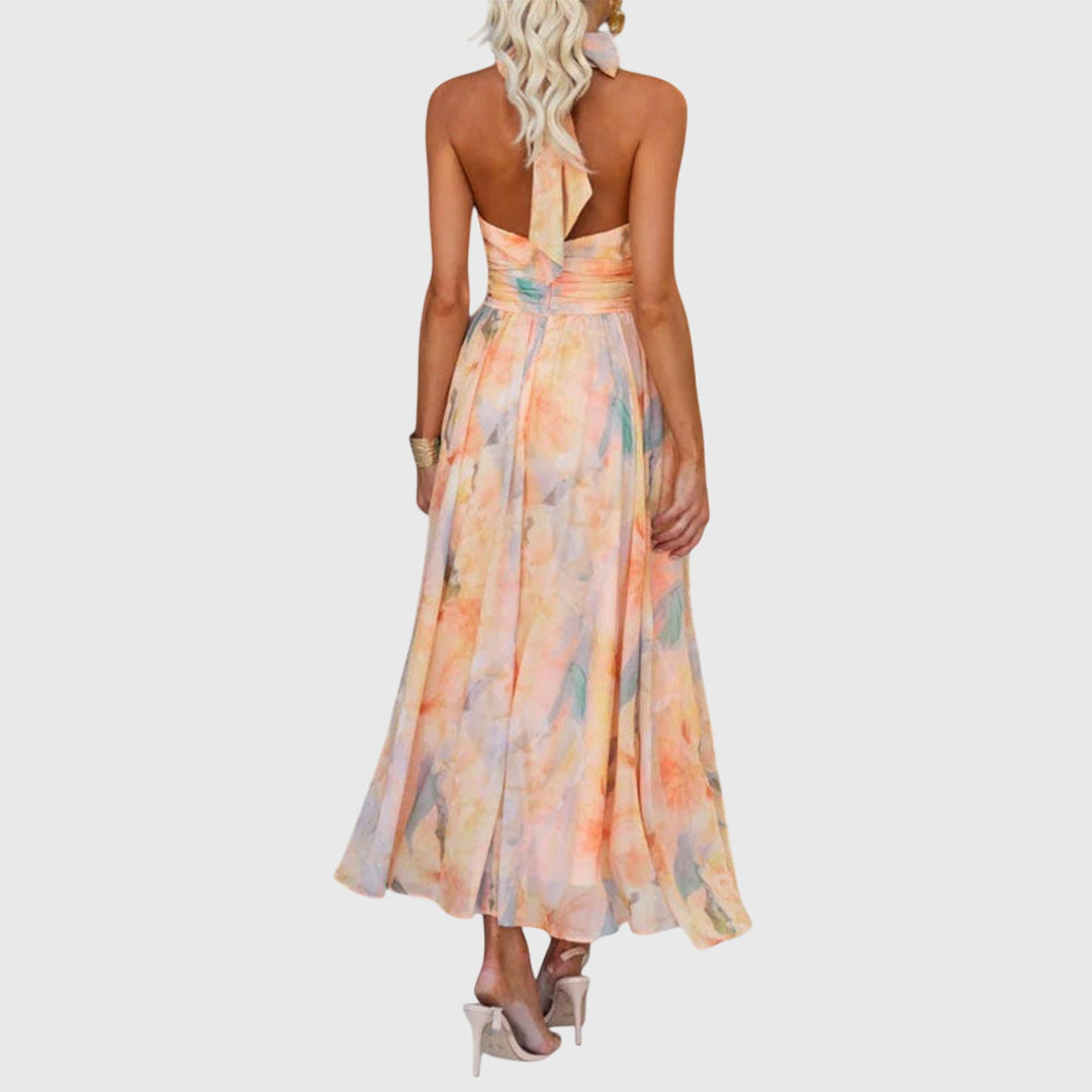 Virelina | Elegant Halter Neck Maxi Dress with Pleated Bodice