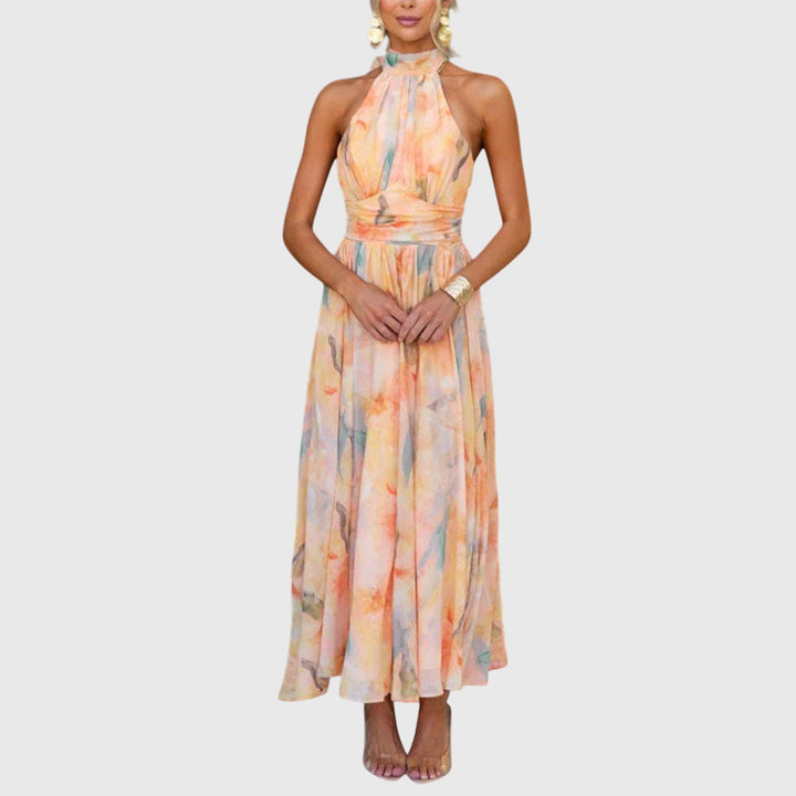 Virelina | Elegant Halter Neck Maxi Dress with Pleated Bodice