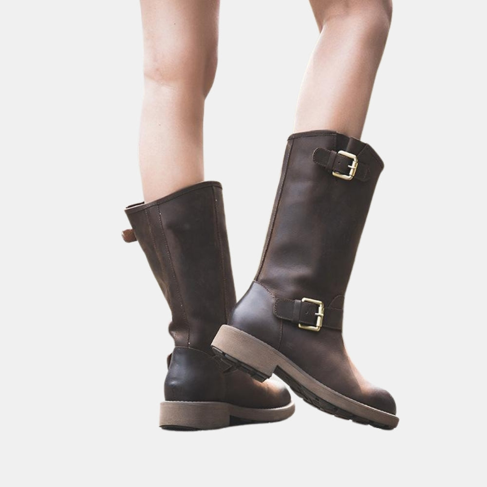 Vona | Buckle Knee High Boots with Strap Detail