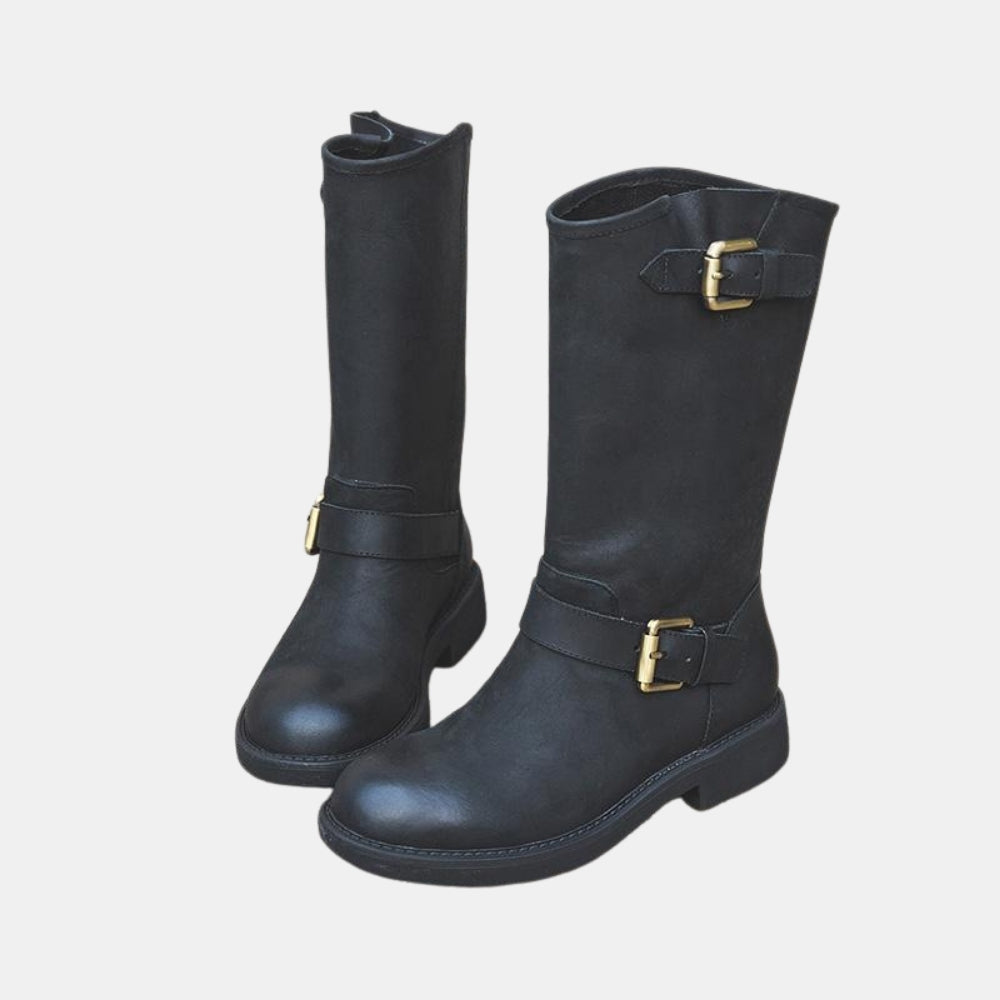 Vona | Buckle Knee High Boots with Strap Detail