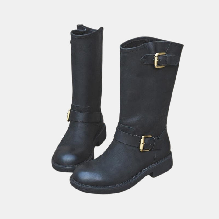 Vona | Buckle Knee High Boots with Strap Detail