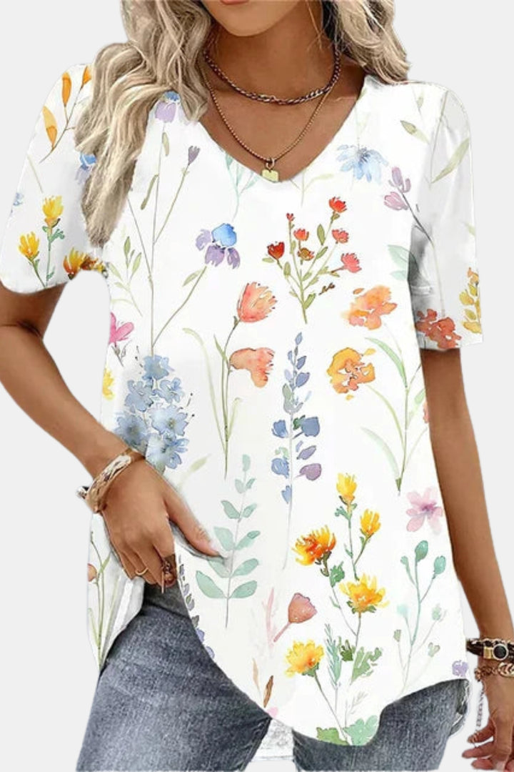 Vynelle | Floral V Neck Short Sleeve Top