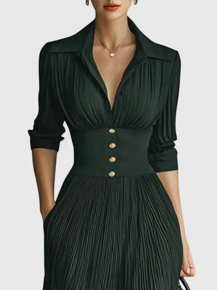Vynessa | Elegant Pleated Maxi Dress with Button Waist