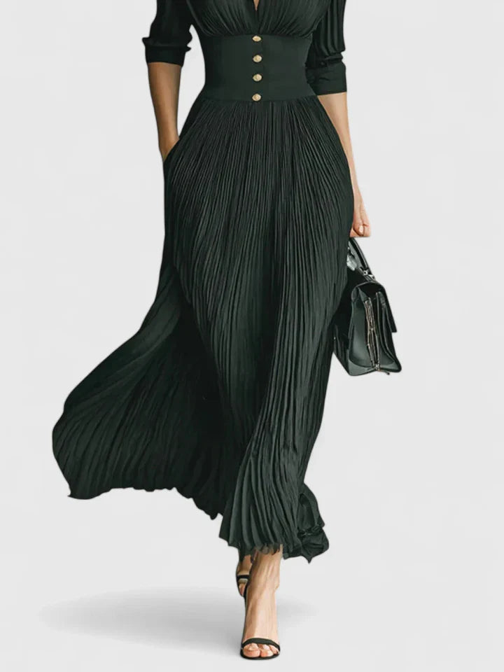Vynessa | Elegant Pleated Maxi Dress with Button Waist