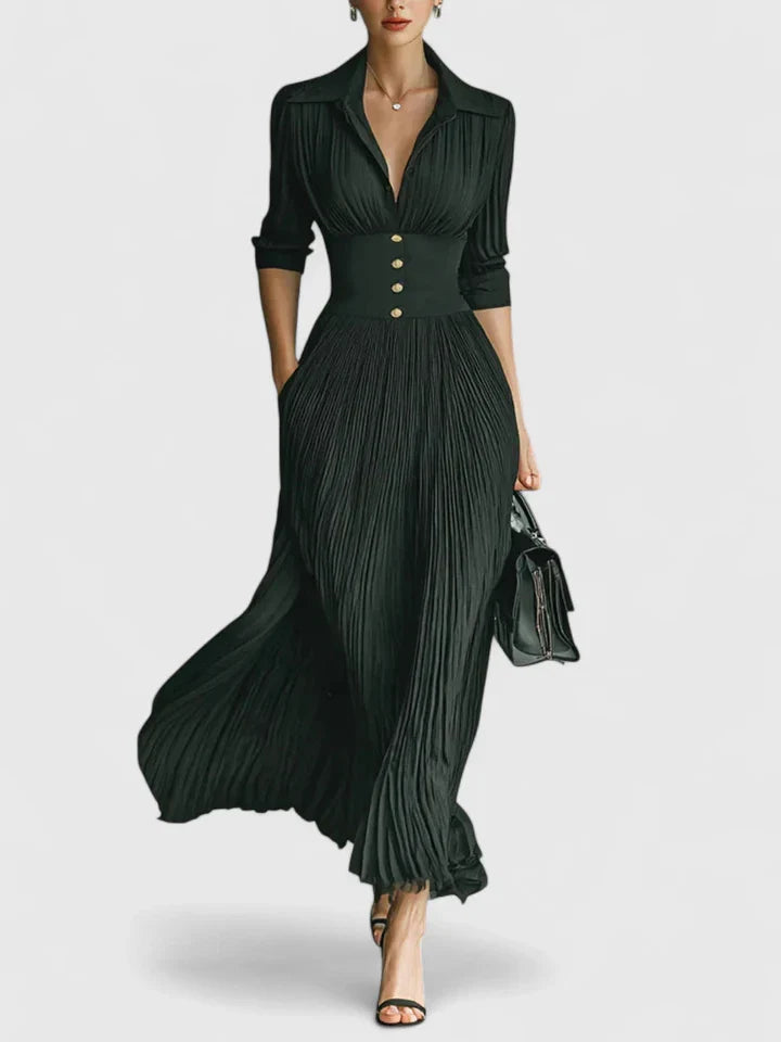 Vynessa | Elegant Pleated Maxi Dress with Button Waist