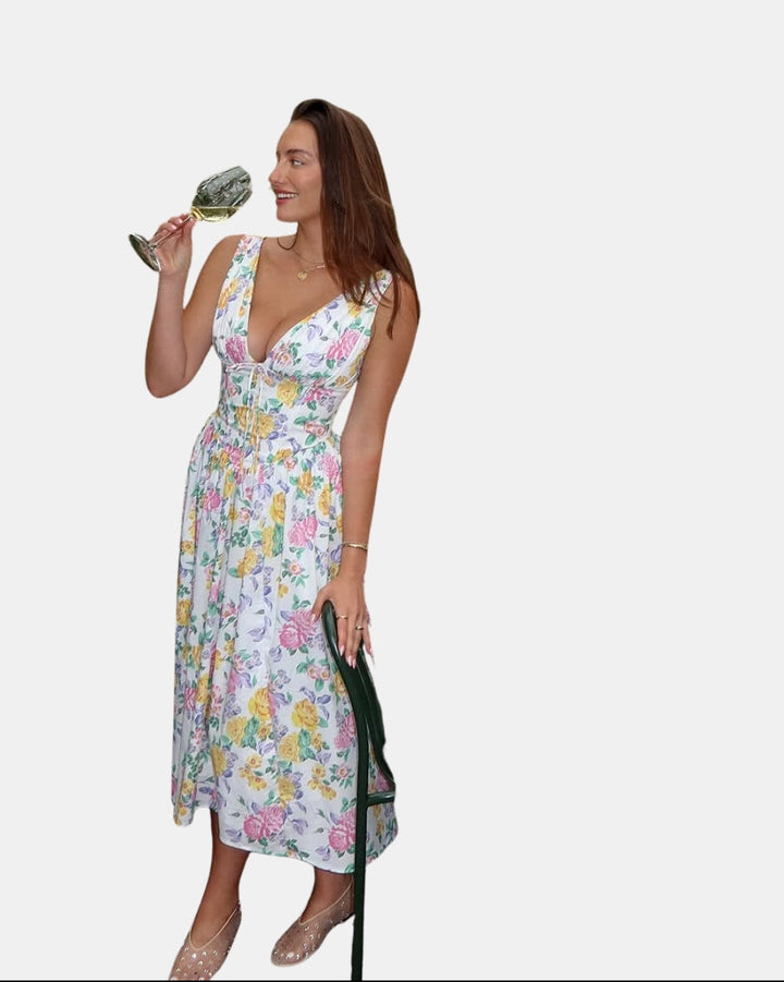 Welyvella | Wedding Guest Floral Midi Dress with V-Neck