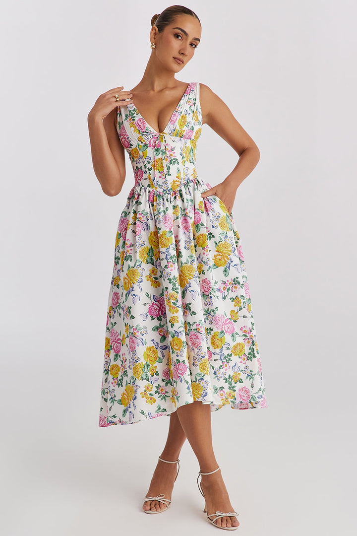 Welyvella | Wedding Guest Floral Midi Dress with V-Neck