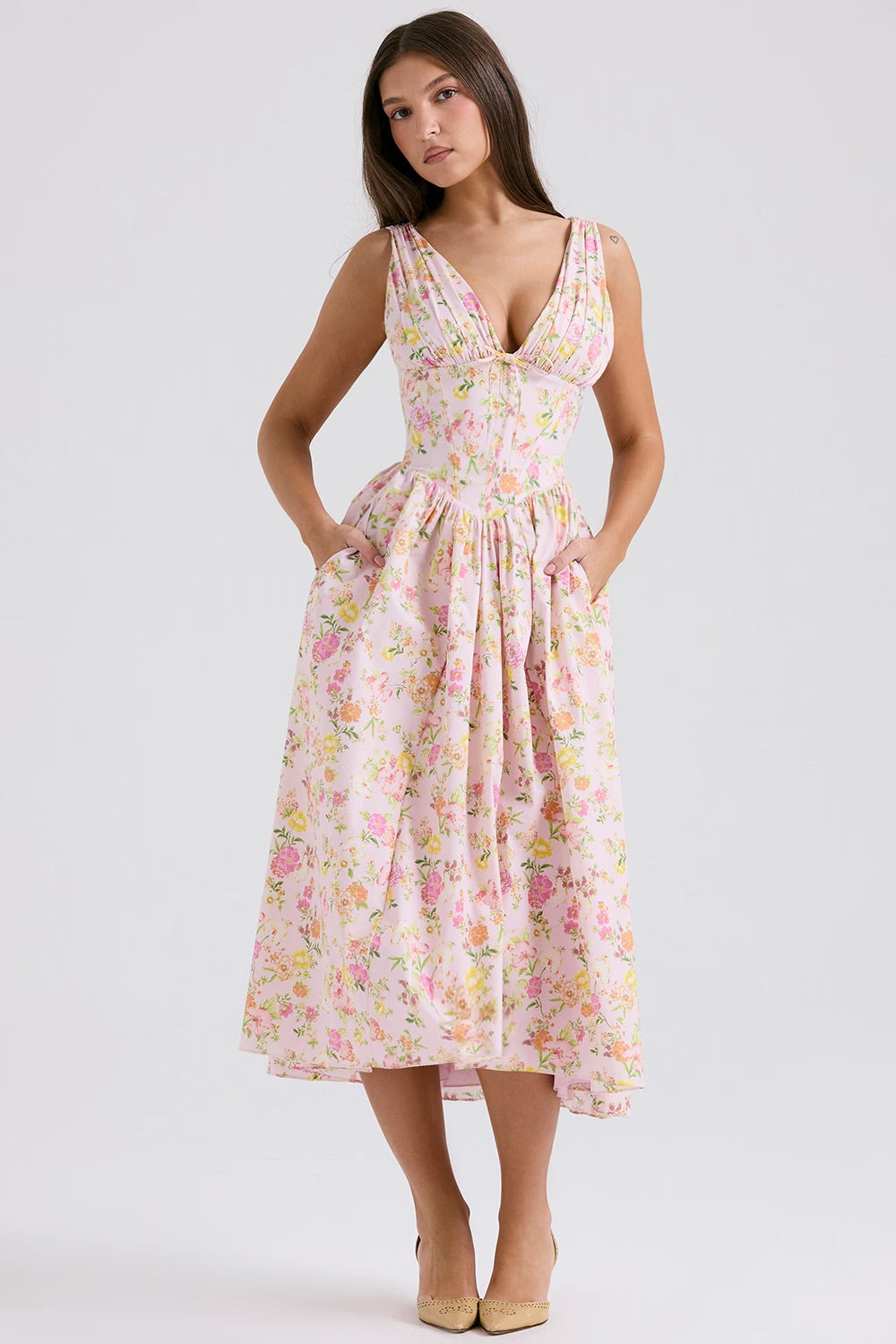 Welyvella | Wedding Guest Floral Midi Dress with V-Neck