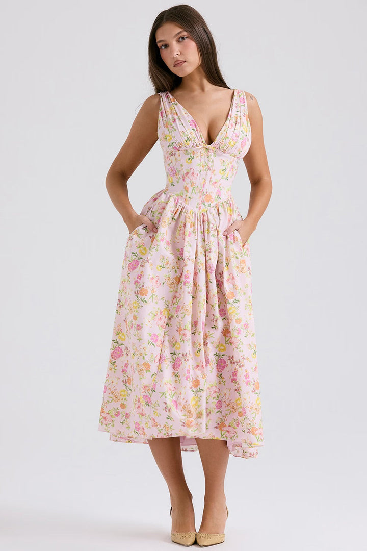Welyvella | Wedding Guest Floral Midi Dress with V-Neck