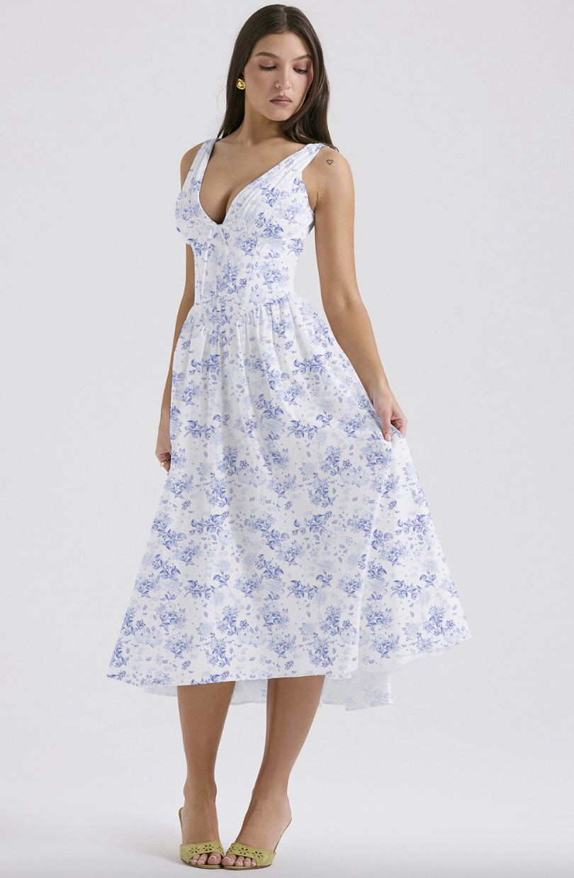 Welyvella | Wedding Guest Floral Midi Dress with V-Neck