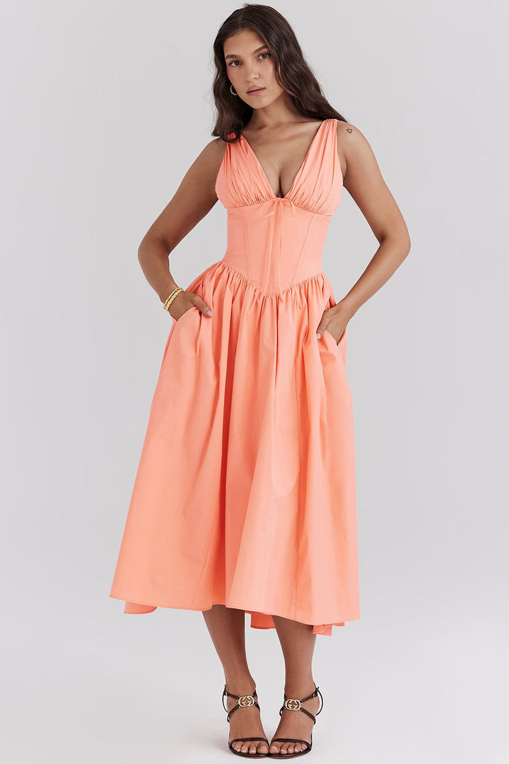 Welyvella | Wedding Guest Floral Midi Dress with V-Neck