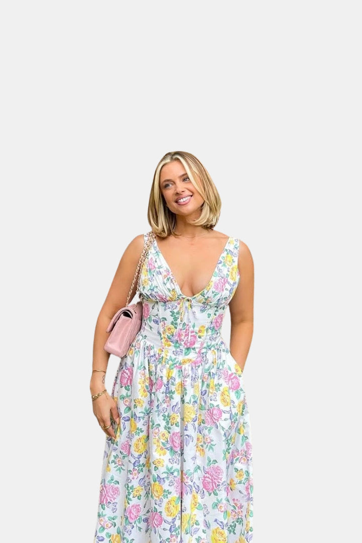 Welyvella | Wedding Guest Floral Midi Dress with V-Neck