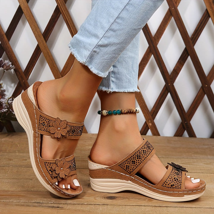 Wilsie | Wedge Slide Sandals with Floral Cutout Detail