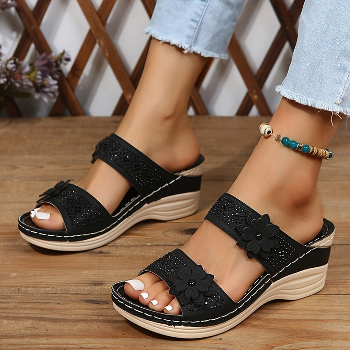 Wilsie | Wedge Slide Sandals with Floral Cutout Detail
