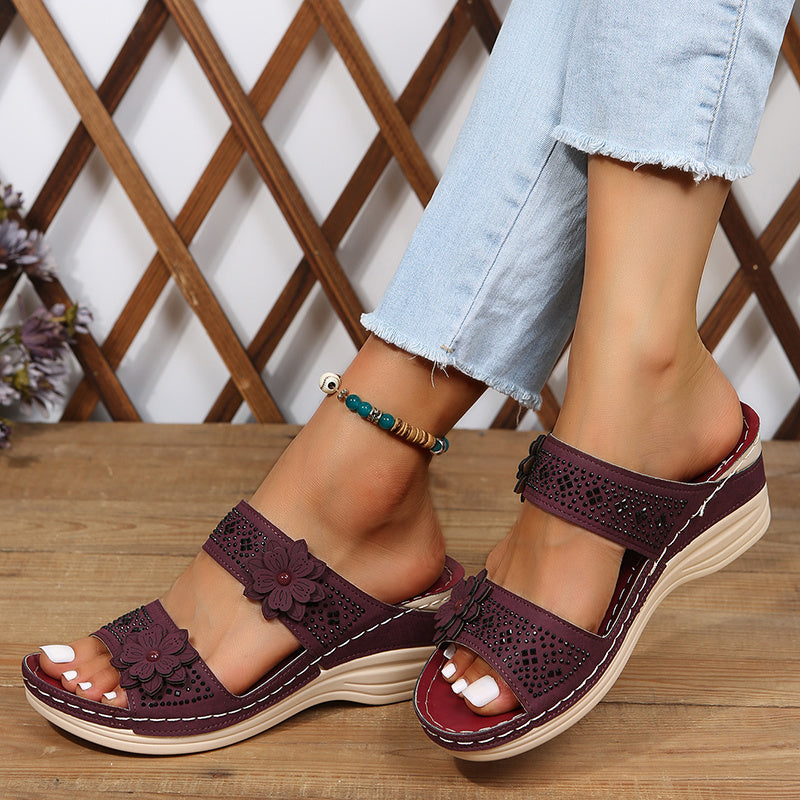 Wilsie | Wedge Slide Sandals with Floral Cutout Detail
