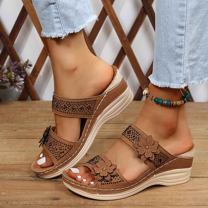 Wilsie | Wedge Slide Sandals with Floral Cutout Detail