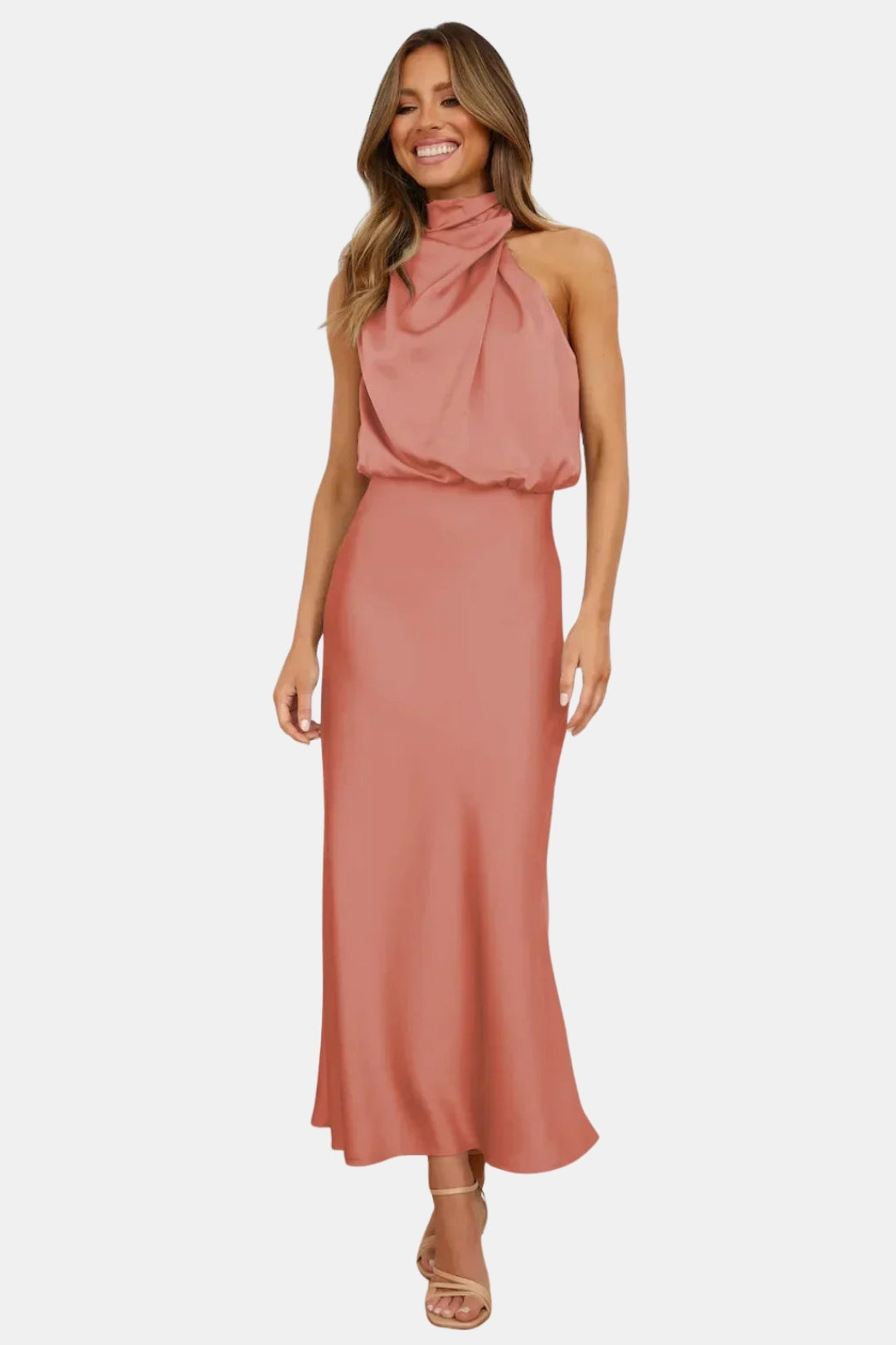 Woryndara | Elegant Halter Neck Midi Dress with Draped Bodice