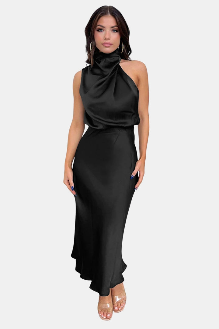 Woryndara | Elegant Halter Neck Midi Dress with Draped Bodice