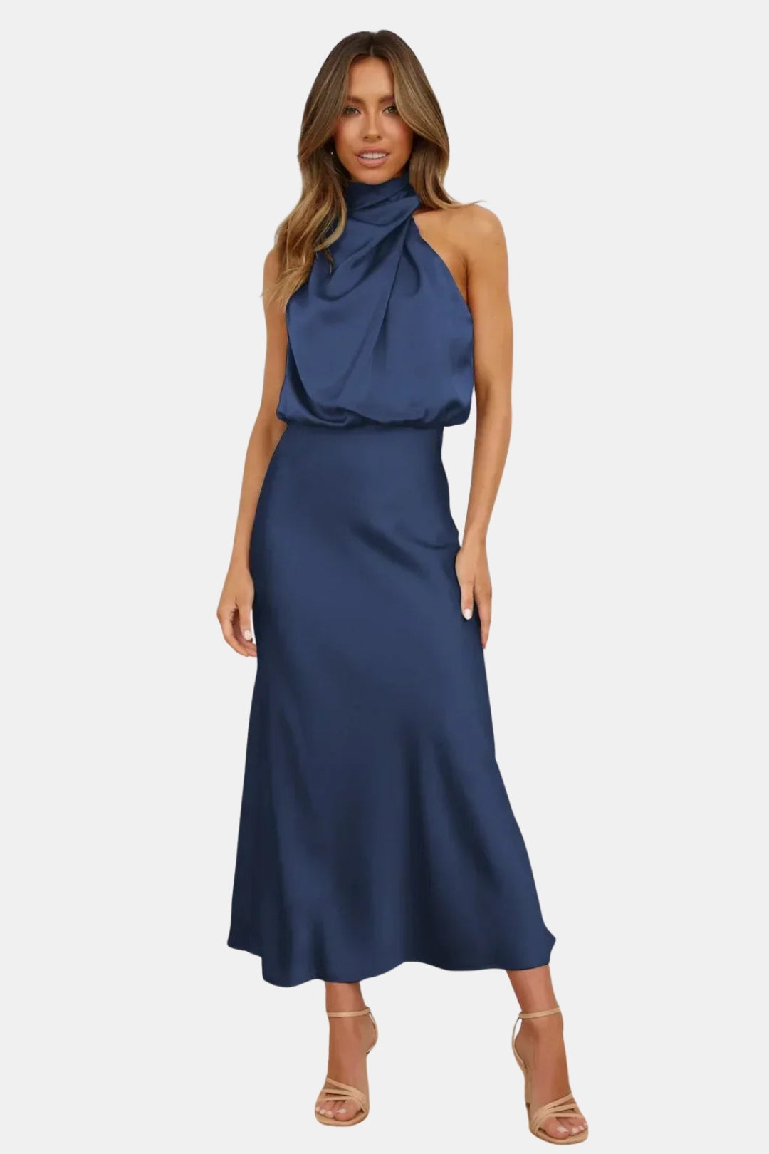 Woryndara | Elegant Halter Neck Midi Dress with Draped Bodice