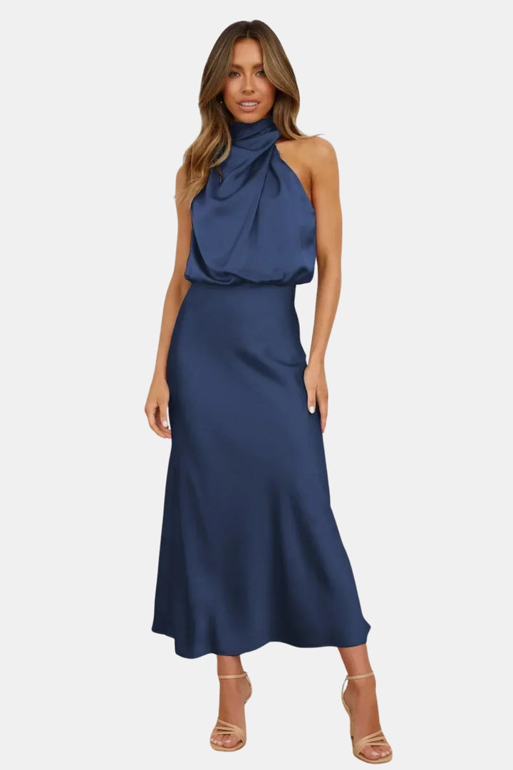Woryndara | Elegant Halter Neck Midi Dress with Draped Bodice