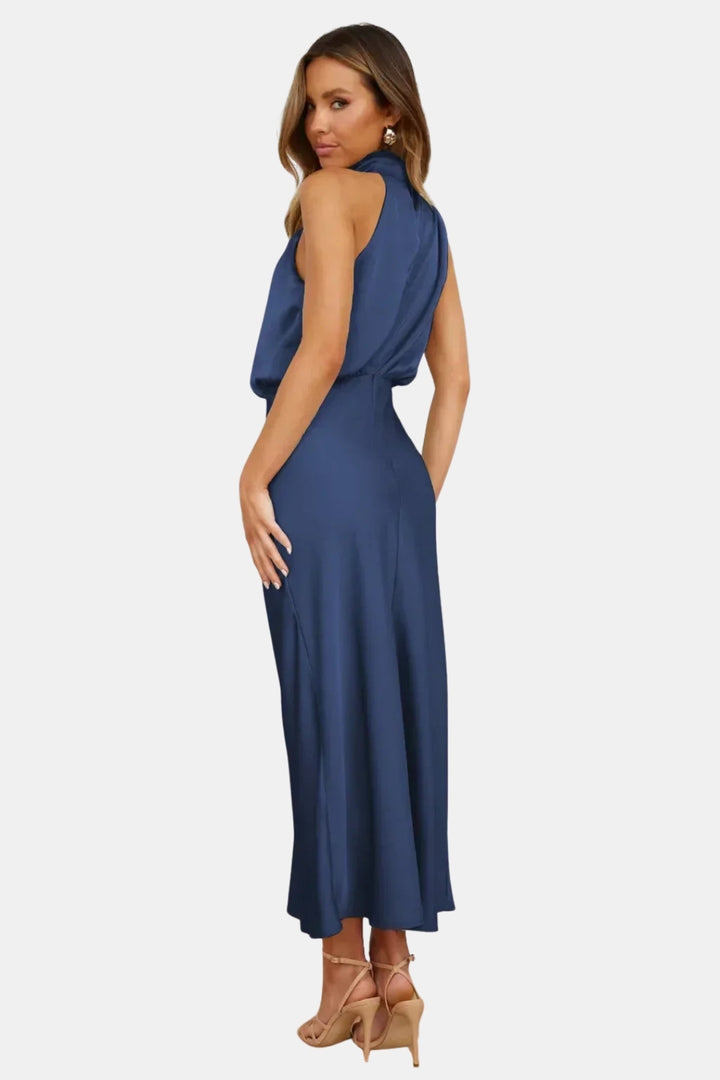 Woryndara | Elegant Halter Neck Midi Dress with Draped Bodice