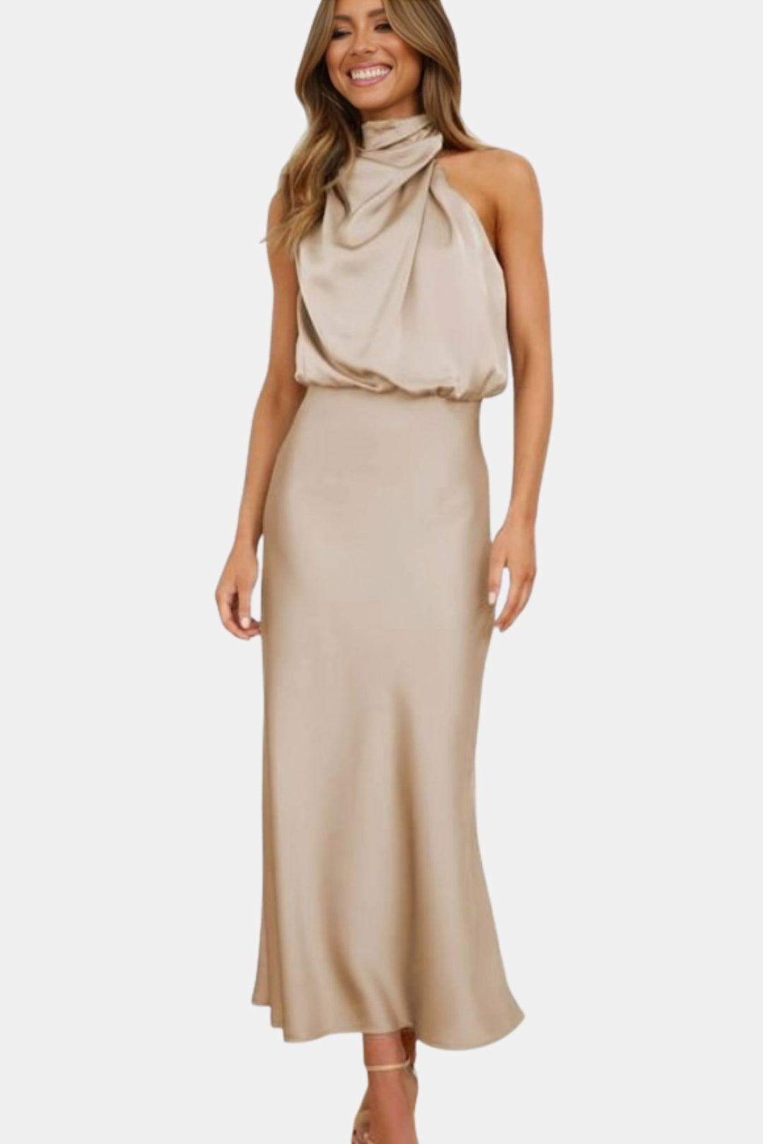 Woryndara | Elegant Halter Neck Midi Dress with Draped Bodice